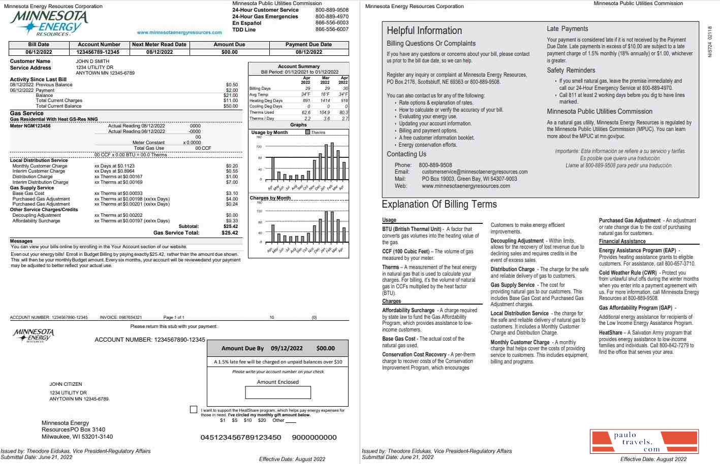 USA Minnesota Energy utility bill, Word and PDF template, 2 pages